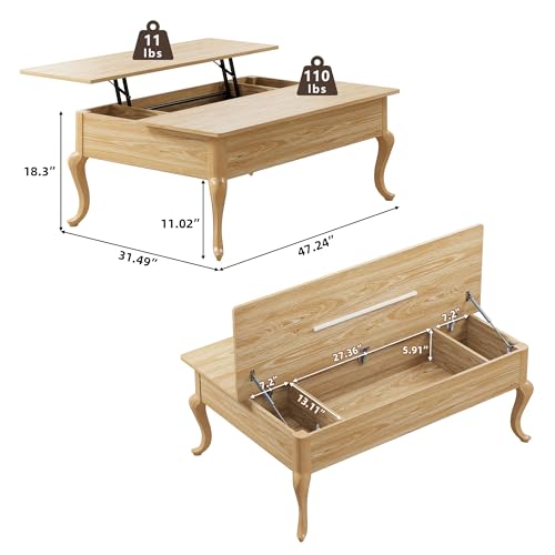 Lift Top Coffee Table, Farmhouse Coffee Table with Hidden Storage, Wood Center Table Dining Table for Living Room, Apartment, Home Office (Natural)