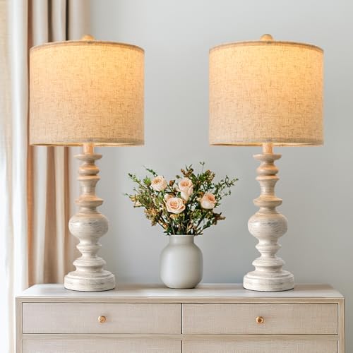 BOBOMOMO 24" Farmhouse Resin Table Lamp Set of 2, Vintage Lamps for Living Room Bedroom with Linen Shades, Traditional Rustic Bedside Lamps Retro Table Lamps for Living Room, Bedroom, Office - color: Antique White, size: Medium-24"