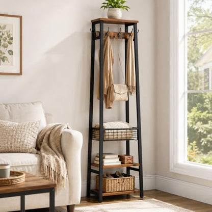Coat Rack Freestanding, Coat Stand with Metal Basket and Storage Shelves, Hall Tree Free Standing with and 7 Hooks, Clothes Rack Stand Organizer, Rustic Brown and Black - color: Rustic Brown and Black, style: 2 Shelves + 1 Basket