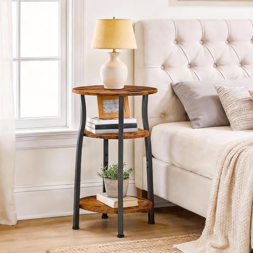 HOOBRO Small Round Side Table, 3-Tier Oval End Table with Storage, Slim Night Stand for Small Spaces, Corner Sofa Table for Living Room, Bedroom, Rustic Brown and Black BF258BZ01