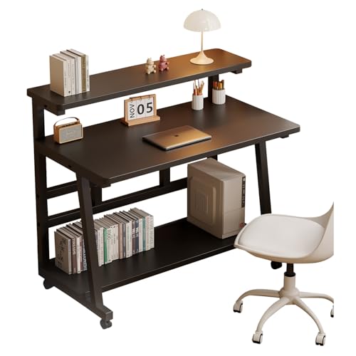 31.5 Inch Rolling Computer Desk for Small Spaces, Monitor Stand & 3-Tier Storage with Lockable Wheels, Easy Assembly for Bedroom, Dorm & Apartment