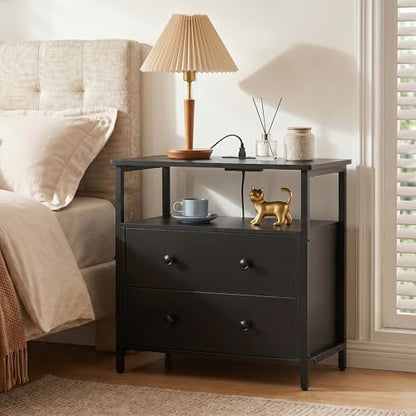 Edbuosy 27 inch Wide Night Stand with Charging Station, Bedside Table with Open Shelf, 2 Drawers Small Wood Dresser, Modern Wood Nightstand for Bedroom/Living Room, Black - color: Black, size: 27"W-2 Drawers
