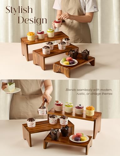 Tidita Wooden 3 Tier Cupcake Stand, Riser Display Stand with Non-Slip Pads | Set of 3 Size ,Solid Acacia Wood, No Assembly Required, Finger-jointed, Space-Saving Nesting Design, Multi-Purpose Display - color: Acacia