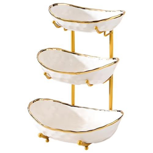 YYW 3 Tier Fruit Bowl for Kitchen Counter, White Gold Silver Ceramic Fruit Stand for Countertop, Home Fruit Rack with Metal Holder, Vegetable Snacks Nuts Bread Candy Storage (White (Gold Holder)) - color: White (Gold Holder)