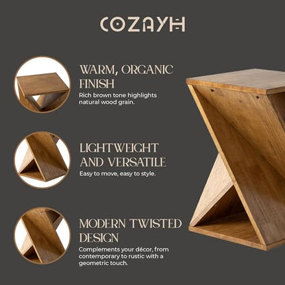 COZAYH Rustic Farmhouse Geometric Style End Table with Twisted X Base, Modern Square Accent Side Table for Living Room, Bedroom, or Office, Brown - color: Natural Wood