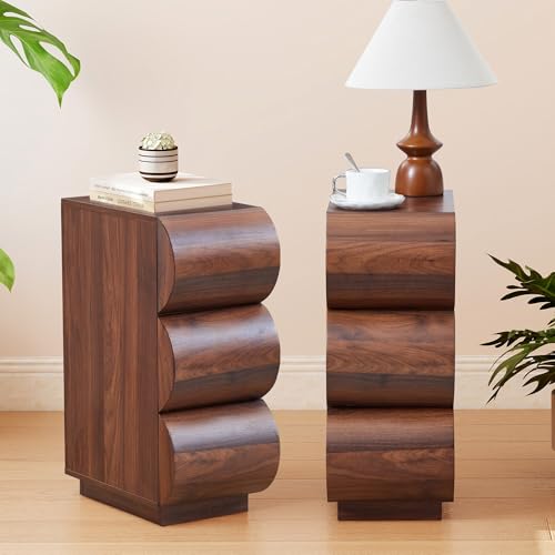 7.9" Narrow Side Table with Storage,Slim End Table for Small Space | Walnut Nightstand Set of 2 with 3 Drawers, Modern Curved Design Bedside Table for Bedroom/Living Room, Easy Assembly - color: Walnut, size: 2