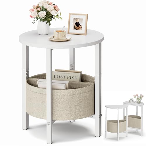 Vagusicc Side Table, Small Round End Table, Tall Accent Table with Storage Basket, Set of 2 Half Round Coffee Tables Half Moon Tables, Bedside Table, Modern Nightstand for Living Room Bedroom, White - color: White