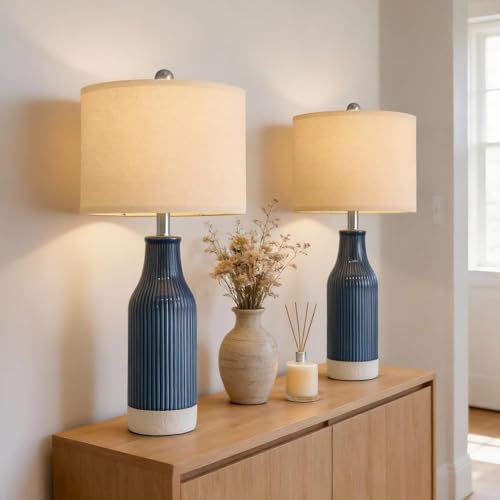 USumkky 23.75" Modern Blue Ceramic Table Lamp Set of 2 with 5FT Cord for Living Room, Farmhouse Bedside Nightstand Lamp for Bedroom Home Office Dorm - color: A-Deep Blue