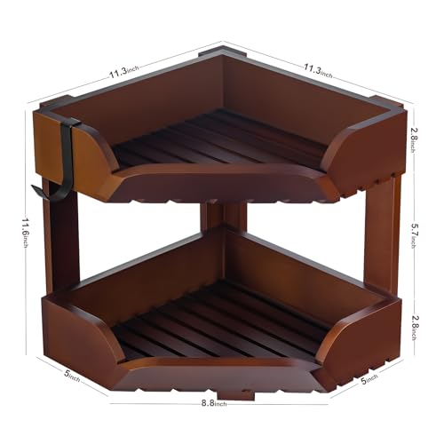 Wissy&Konny 2 Tier Corner Fruit Basket for Kitchen Counter, Acacia Wood Fruit Stand with Banana Hook, Space Saving Storage Rack for Fruits Vegetables Snacks