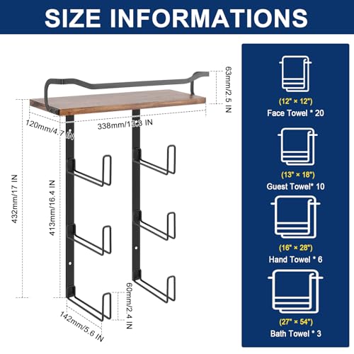 NearMoon Towel Rack with Wooden Shelf, All Metal Rustproof Towel Organizer Holder for Bathroom Storage, Wall Mounted (1 Pack, Matte Black)