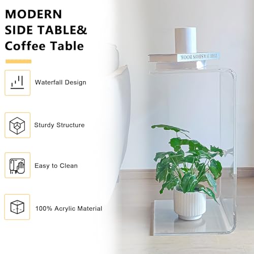 Premium C-Shape Acrylic Side Table,24" L x 14" W x 12" H x 1/2" Thick Clear End Table,Transparent Nightstand with Waterfall Edges,Modern Lucite Side Table for Living Room - size: 24" L x 14" W x 12" H