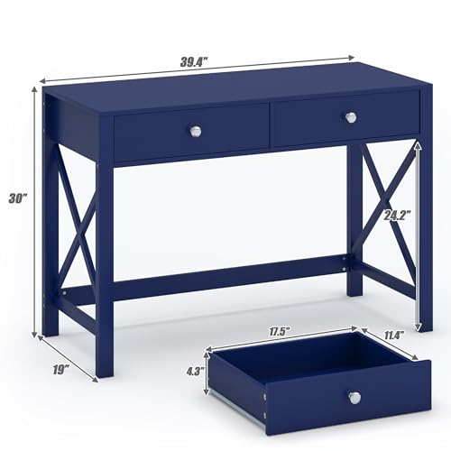 WiberWi Home Office Desk with Drawers, Modern Writing Computer Desk for Bedroom, Small Makeup Vanity Table Study Table for Home Office,Navy - color: Navy