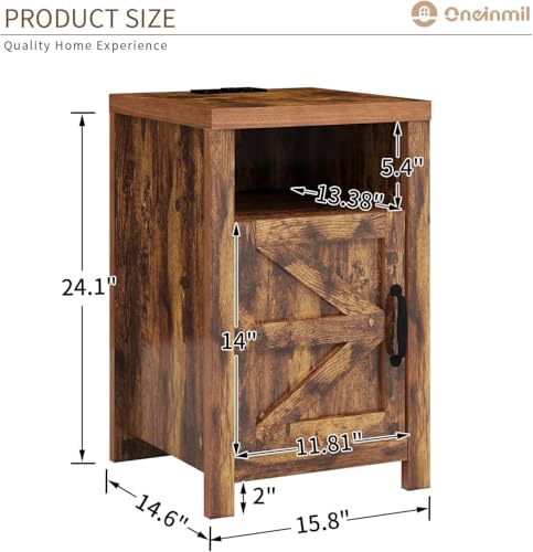 oneinmil Farmhouse Nightstand with Charging Station, Couch Side Table Set of 2, Bedside Table with Storage Space, End Tables with Barn Door, Bed Side Tables for Living Room and Bedroom, Rustic Brown - color: Brown