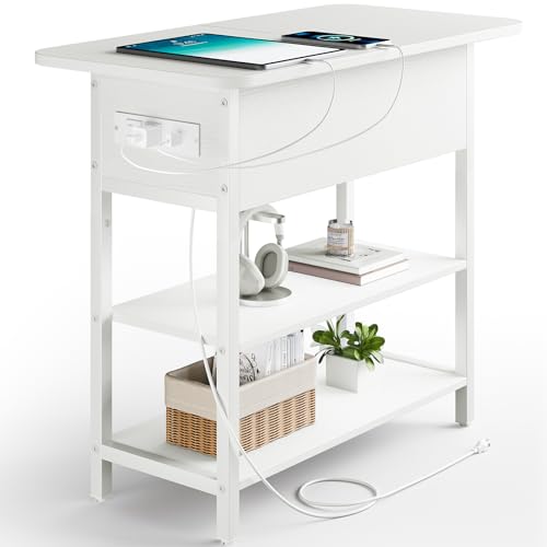 Yoobure End Table with Charging Station, Flip Top Side Table with USB Ports and Outlets, Sofa Couch Table Bedside Table for Living Room Bedroom, Narrow Nightstand with Storage Shelves for Small Spaces - color: White