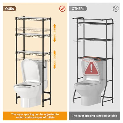 Golpart 3-Tier Over The Toilet Storage Shelf,Heavy Duty Adjustable Metal Bathroom Rack with Toilet Paper Holder & Hooks,Space-Saving Organizer for Bathroom,10”D x 24”W x 66”H,Black - size: Black-3-Tier-10"D x 24"W x 66"H