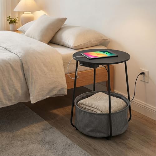 Round Side Table with Charging Station & USB Ports, Modern End Table Nightstand with Fabric Storage Basket, Matte White & Camel Brown Accent Table for Living Room, Bedroom (Black) - color: Black