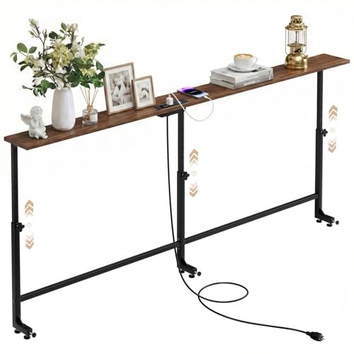Faesun 70.9 Inch Behind Couch Table, 24"-32" Adjustable Height Range, Behind The Couch Table with Outlet, Adjustable Console Table, Narrow Long Sofa Table, for Living Room, Walnut - color: Walnut, size: 70.9"w x 5.9"d (C-shaped)