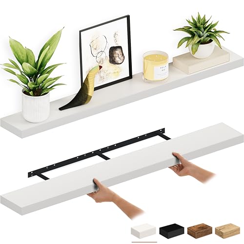 Ballucci Floating Shelves, 55" Wood Wall Shelf Set of 2, with Invisible Brackets for Bathroom, Living Room, Bedroom, Kitchen, Nursery, 6" Deep, White - color: White, size: 55.1 inches