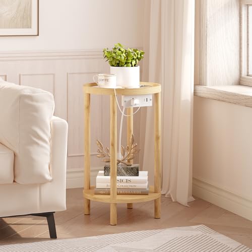 HOOBRO Set of 2 Small Round Side Tables with Charging Station, 2-Tier Round Bamboo End Tables, Easy Assembly, for Living Room, Bedroom, Apartment, Natural YL156UBZP201 - color: Natural