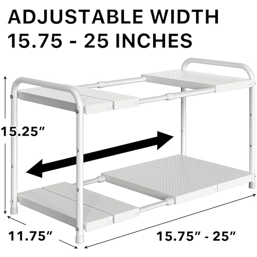 Simple Houseware Under Sink 2-Tier Heavy Duty Expandable Organizer, White | Adjustable Width 15.75–25 Inches with 4 Shelf Height Levels - color: White