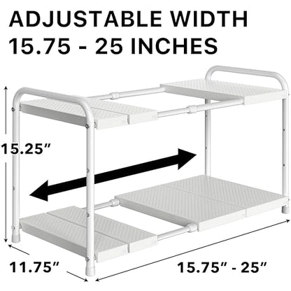 Simple Houseware Under Sink 2-Tier Heavy Duty Expandable Organizer, White | Adjustable Width 15.75–25 Inches with 4 Shelf Height Levels - color: White