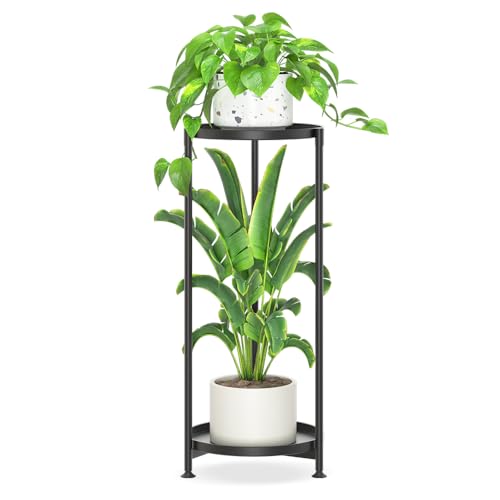 iDavosic.ly 2 Tier Corner Plant Stand Indoor, Tall Vertical Metal Flower Heavy Duty Pot Holder Shelf Outdoor for Patio Porch Living Room, Modern Black - Round - color: Pure Black, size: 2 Tiers