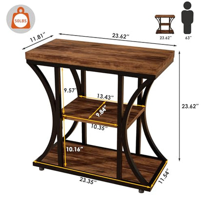 3 Tier End Table with Storage, Narrow End Table for Living Room and Bedroom, Small Space Wood and Metal Side Table, Rustic Brown - color: Rustic Brown