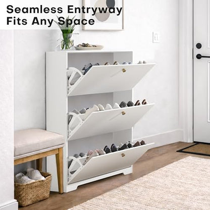 Nicetree Shoe Cabinet with 3 Flip Drawers, Narrow Shoe Organizer Cabinet, Freestanding Shoe Rack Cabinet, Modern Shoe Storage Cabinet for Entryway, Hallway, Foyer, White with Hook - color: White, style: 3-Drawers with Hook