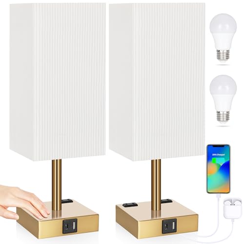 Set of 2 Bedside Table Lamp 3 Way Dimmable Nightstand Lamp with USB C & USB A Charging Port, 2 AC Outlets, 3000K LED Bulbs (Pleate) - color: Pleated