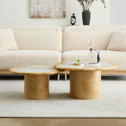 Curved Round Coffee Table Set of 2 with Sintered Stone Tabletop for Living Room, Modern Mid-Century Retro Pedestal Nesting Coffee Table, Burl Wood Veneer, Natural, 2-Pcs - color: 2-pcs-natural