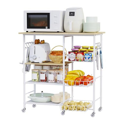 HapiRm Rolling Kitchen Microwave Cart - 4 Tier Microwave Table Stand with Pull-Out Baskets, Coffee Bar Baker's Rack with Wheels Rolling Storage Cart Organizer Shelf for Living Room Office, Balcony - color: White-xl