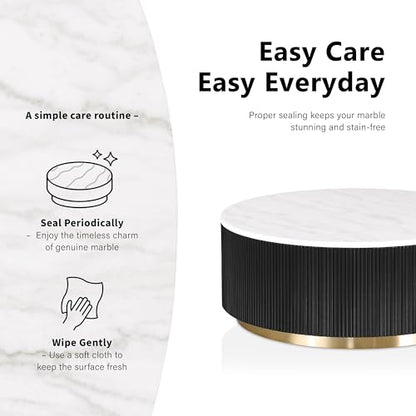 Furniture of America Beryl Modern Round White Genuine Marble Top Coffee Table with Fluted Pedestal Base and Gold Stainless Steel Accent, Low Profile Table for Living Room, Home Office, Black - size: Coffee table, style: Round