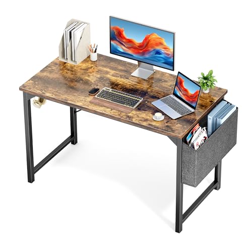 Sweetcrispy Small Computer Office Desk, 47" Student Study Writing Desk with Headphone Hooks & Storage Bag, Modern Simple PC Workstation for Home Bedroom, Brown - color: Rustic Brown, size: 47-Inch
