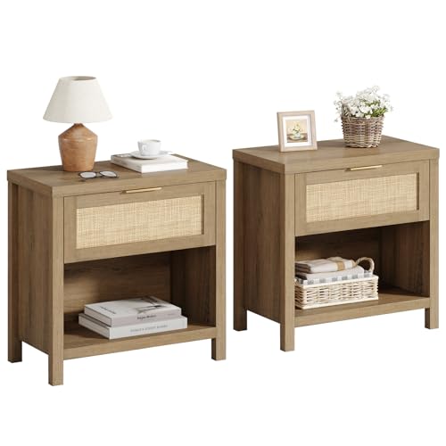 Eclatara Rattan Night Stands Set of 2, Boho Bedside Table with Drawer and Storage Shelf, Farmhouse Accent Nightstands Side Table for Bedroom Sofa Office (2, Reclaimed Caramel Oak) - color: Caramel Oak (Large 1 Drawer)