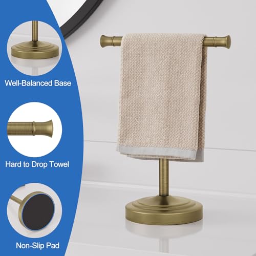 RUMOSE 13 Inch Antique Brass Towel Bar Stand Hand Holder Bathroom Kitchen Vanity Countertop T-Shape Towel Rack Free Standing Stainless Steel - color: Antique Brass