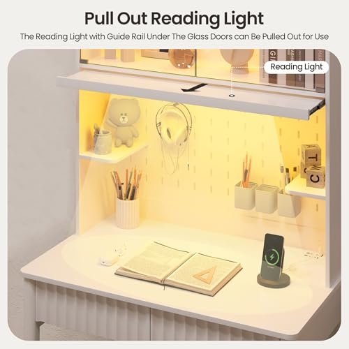 Lvifur 31.5" Small Study Desk with - Glass Doors,Computer Desk w/Charging Station and LED Reading Lights,Compact Writing Desk with Drawers,Writing Home Office Desks for Small Spaces Bedroom,White - color: White-a