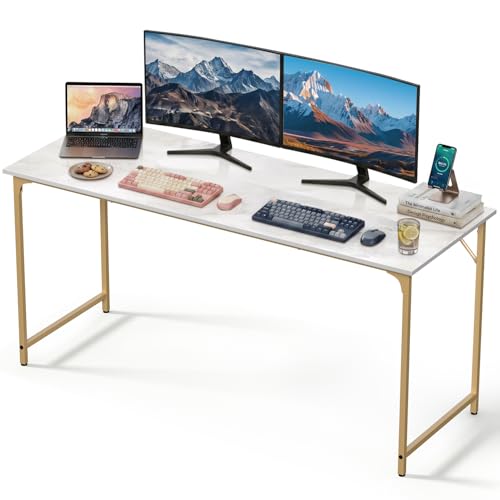 63 Inch Computer Desk with Deeper Desktop, Large Office Desk for Work from Home, Gaming Desk with Reinforced Metal Frame, Adjustable Feet Writing Desk for Study, Bedroom & Office, Gold - color: Gold, size: 63 inch