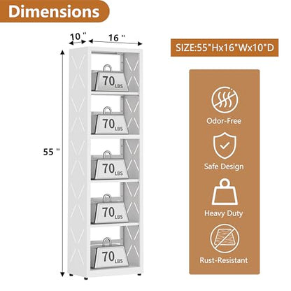 Polup Book Shelf, 5 Tier Metal Bookcase with Adjustable Shelves, Tall Narrow Bookshelf with Bookends, White Display Shelves for Living Room, Home Office, Library - color: White, size: 5 Tier-16" W