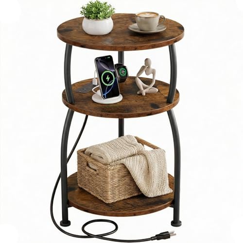 Round Side Table with Power Outlet, USB Type C Port, 3-Tier End Table | 15.7 in Nightstand for Small Spaces, Tall Side Table with Charging Station for Sofa Couch, Living Room Bedroom, Garden, Brown - color: Rustic Brown, size: 15.7''Dia with Power Strip