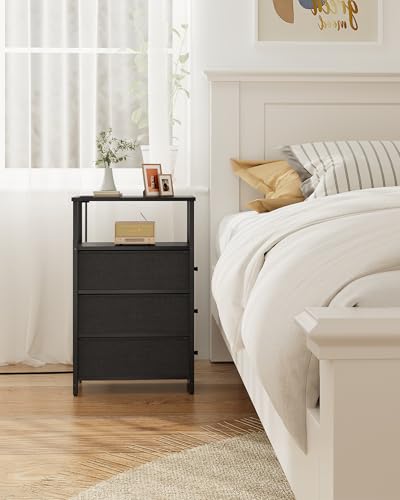 TUTOTAK Narrow Night Stand with Charging Station, Slim End Table | Tall Side Table with 3 Fabric Drawer, Small Bedside Table with Storage, Living Room, Bedroom, Black TB01BK086 - color: Black, size: 1 Pack (3 Drawers), style: With Plug