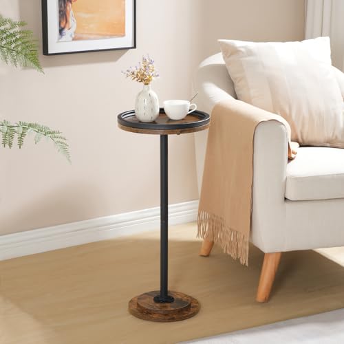 HOOBRO Small Round Side Table, Drink Table, Coffee Martini Table with Pedestal Accent for Small Spaces in Living Room, Bedroom, Sofa Couch, Rustic Brown BF168BZ01 - color: Rustic Brown + Black
