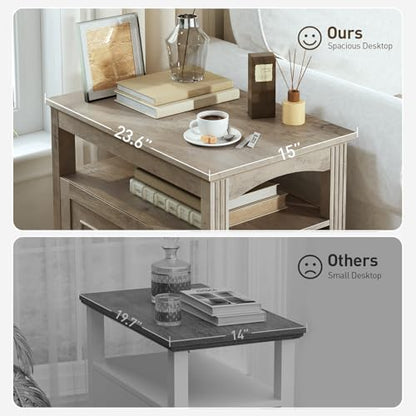 Farmhouse End Table with 2 Drawers, Narrow Sofa Side Table with Storage and Open Shelf, Wooden Nightstand for Small Spaces, Bedroom, Living Room, Greige - color: Greige