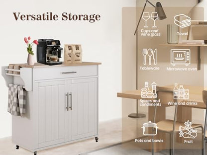 Kitchen Storage Island, Wooden Rolling Kitchen Island On Wheels with Countertop, Mobile Kitchen Island Cart with Towel Rack, Spice Rack and Drawers, White - color: White