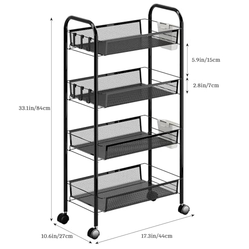 Snack Cart with Wheels Fruit Vegetable Basket Storage Cart 4 Tier Stackable Metal Basket with 360 Degree Wheels 41 Inch High Kitchen Storage Pantry Bathroom (Black 4-Layers) - color: Black 4-layers