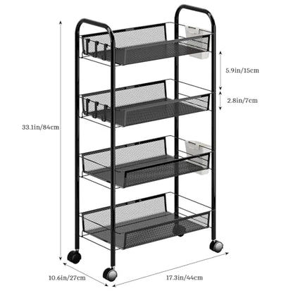 Snack Cart with Wheels Fruit Vegetable Basket Storage Cart 4 Tier Stackable Metal Basket with 360 Degree Wheels 41 Inch High Kitchen Storage Pantry Bathroom (Black 4-Layers) - color: Black 4-layers