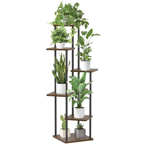 Oppro Plant Stand Indoor Outdoor, 6 Tier Corner Tall Metal Wood Shelf | Muti-Level Planter Holder, Sturdy Large Vertical Orchid Flower Pot Display Rack for Narrow House Office Living Room Bedroom - color: Oak-6 Tier