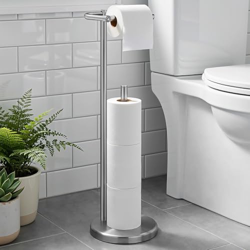 Housolution Toilet Paper Holder Stand, Brushed Nickel Freestanding Toilet Paper Holder with Post Pivoting Design and Stable Weighted Base, Stainless Steel Bathroom Toilet Paper Holder