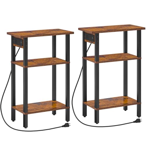 HOOBRO Narrow Side Table, Set of 2, 3-Tier Slim End Table with Charging Station, Skinny Nightstand with Open Storage, for Small Spaces, Living Room, Bedroom, Study, Rustic Brown and Black BF340UBZP201 - color: Rustic Brown and Black, size: 7.9"L x 15.7"W