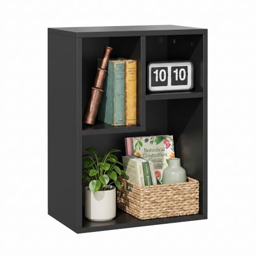 VECELO 15.7" Open Bookshelf, Waterproof Particle Board Asymmetrical Split Cubby Storage Organizer, Black Uneven Compartment Display Cube for Tall Books, Bedroom Dorm Office - color: Black, size: Wide
