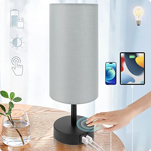 Yarra-Decor Bedside Lamp with USB Port - Touch Control Table Lamp for Bedroom 3 Way Dimmable Nightstand Lamp with Round Grey Fabric Shade for Living Room, Dorm, Home Office (LED Bulb Included) - color: Gray